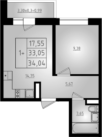 Планировка — Мега 2, 2-комн., 33 м²