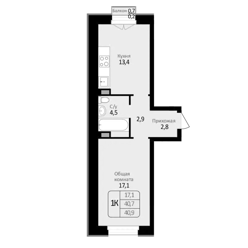 Планировка — Первомайский, 1-комн., 41 м²