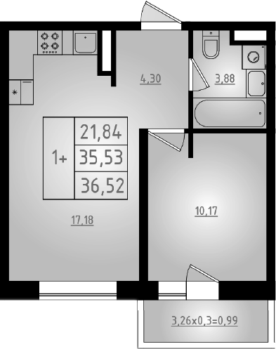 Планировка — Мега 2, 2-комн., 36 м²