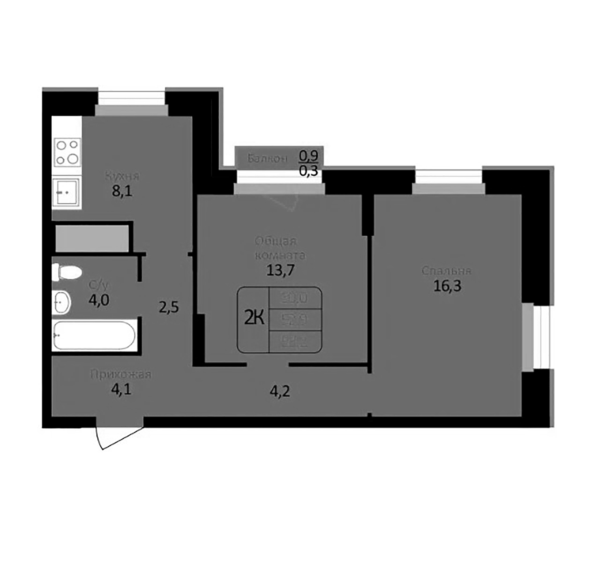 Планировка — Первомайский, 2-комн., 53 м²