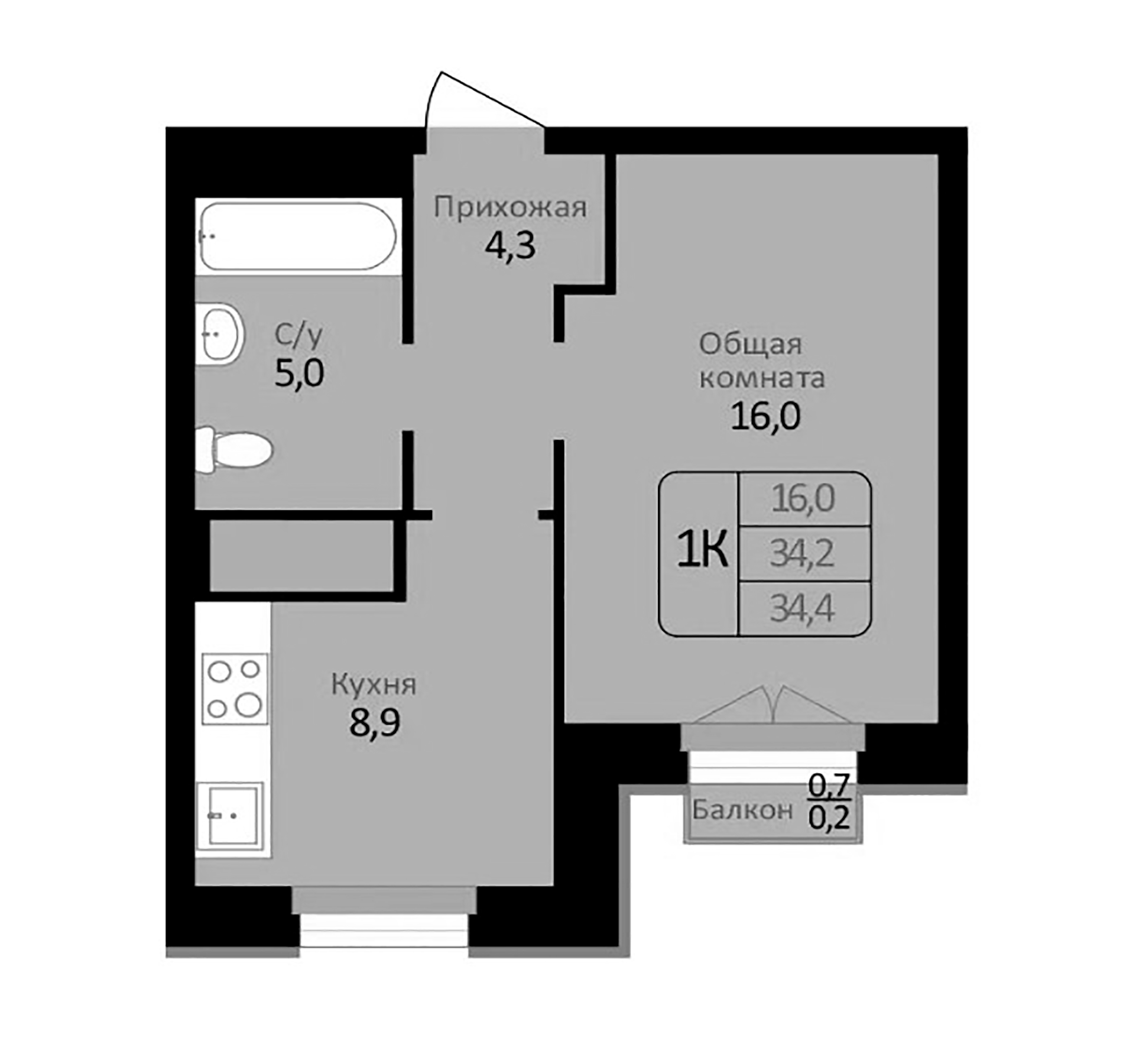 Планировка — Первомайский, 1-комн., 34 м²