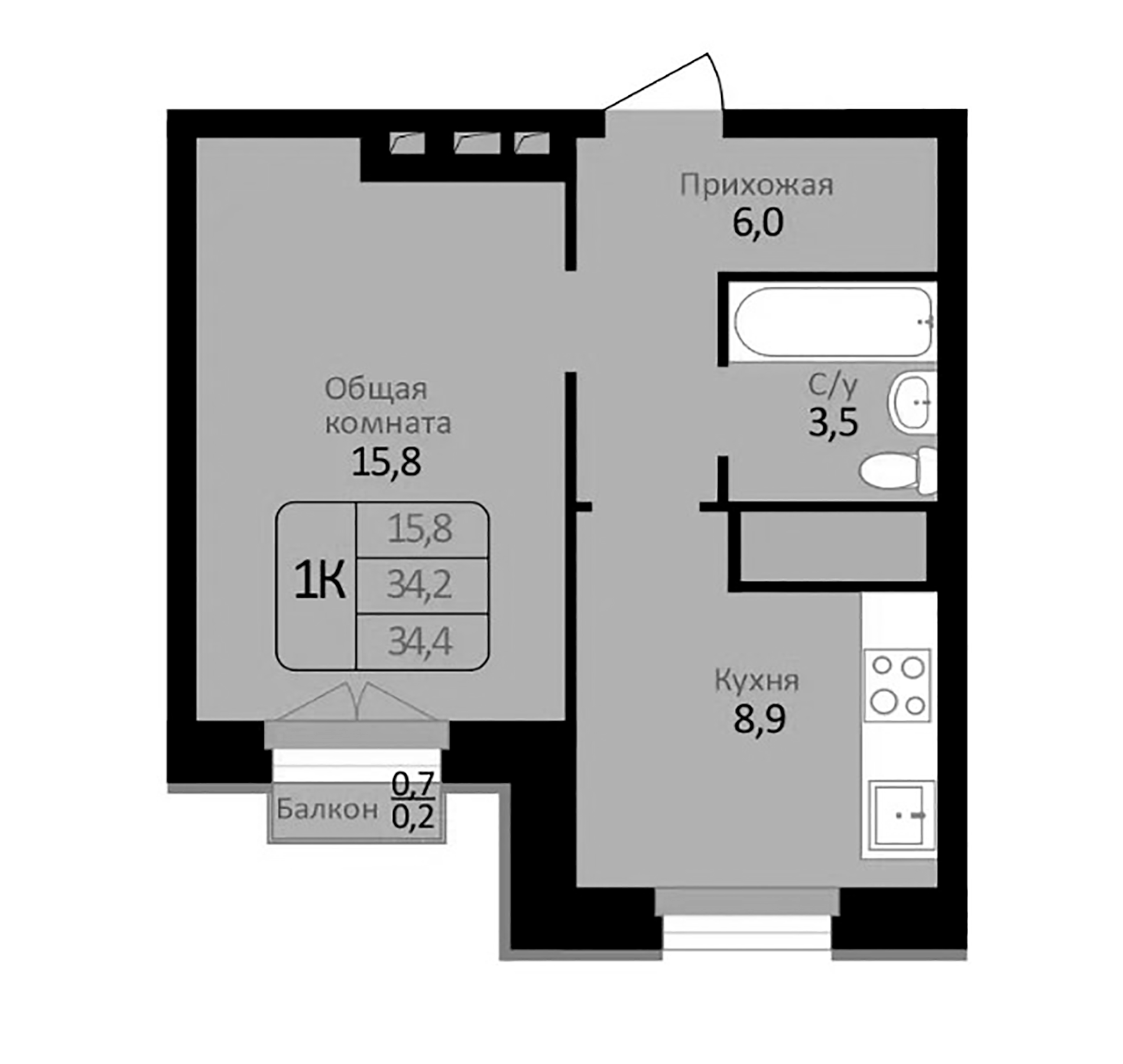 Планировка — Первомайский, 1-комн., 34 м²