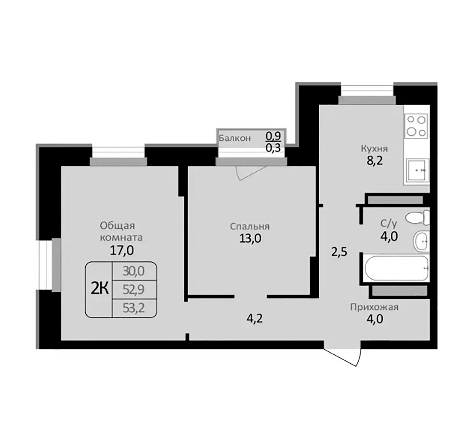 Планировка — Первомайский, 2-комн., 53 м²
