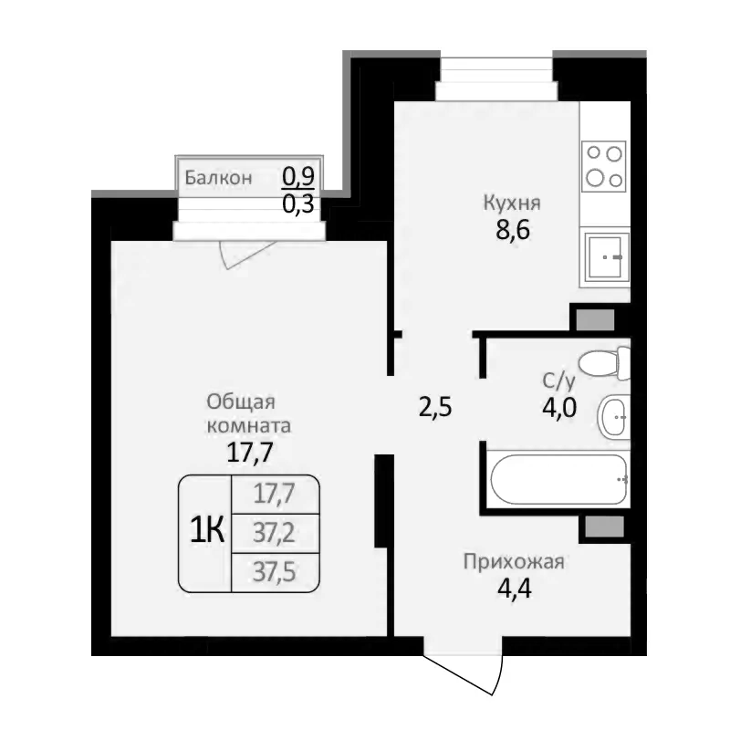 Планировка — Первомайский, 1-комн., 37 м²