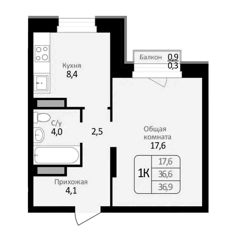Планировка — Первомайский, 1-комн., 37 м²