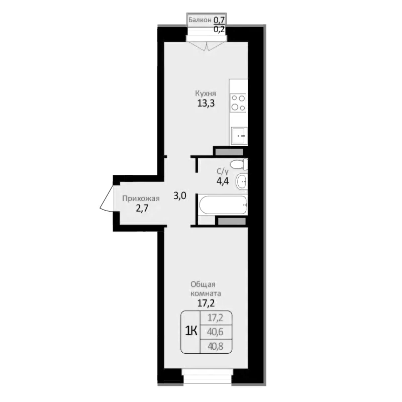 Планировка — Первомайский, 1-комн., 41 м²