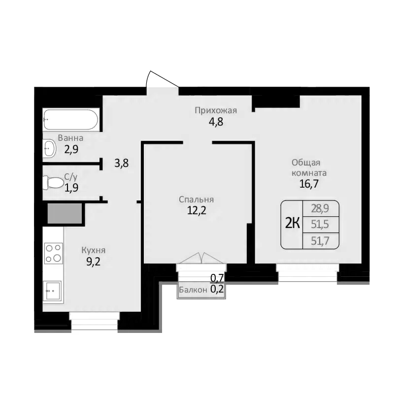 Планировка — Первомайский, 2-комн., 52 м²