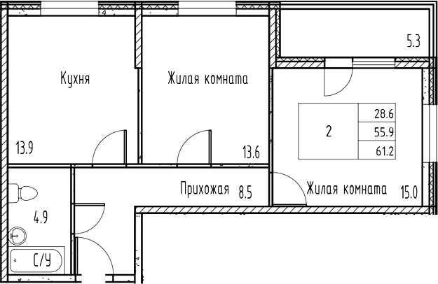 Планировка — Gray, 2-комн., 56 м²