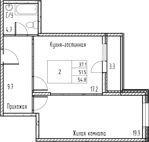 Планировка — Gray, 2-комн., 51 м²