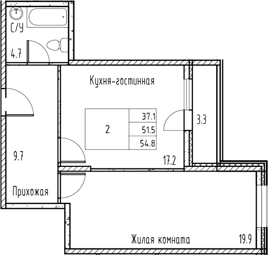 Планировка — Gray, 2-комн., 51 м²