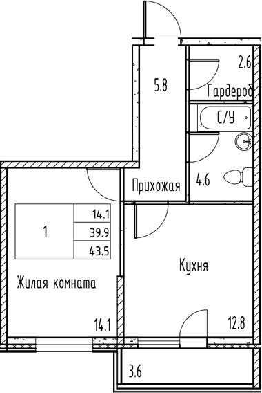 Планировка — Gray, 1-комн., 40 м²