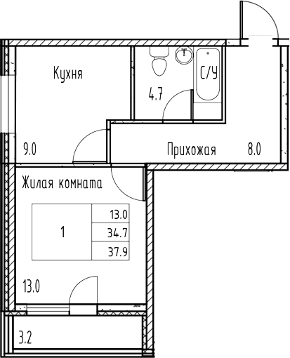 Планировка — Gray, 1-комн., 35 м²