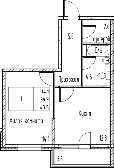 Планировка — Gray, 1-комн., 42 м²
