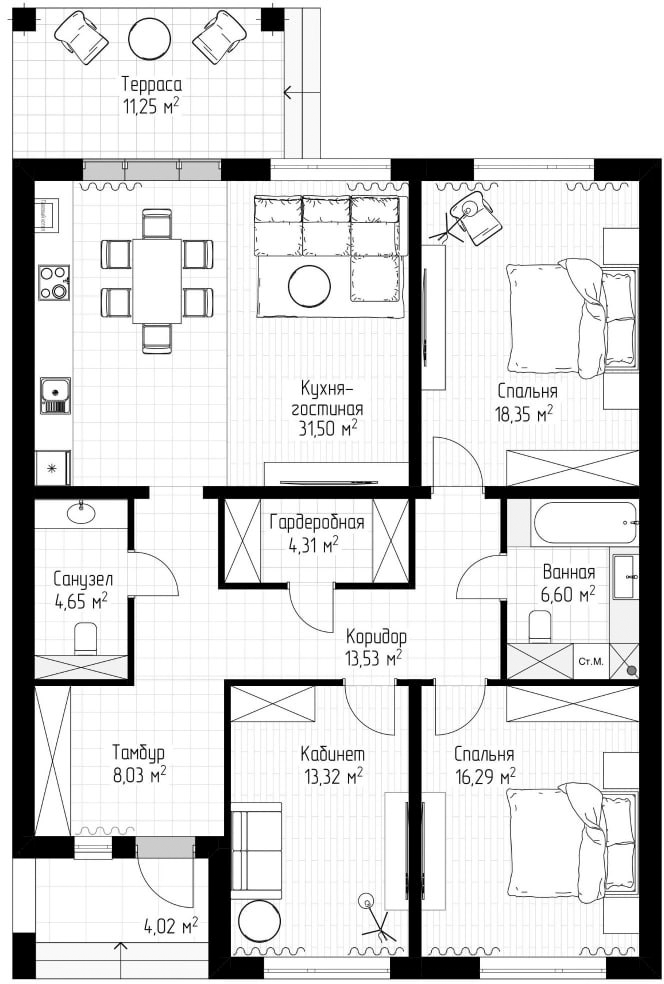 Планировка — Коттеджный поселок Звездный, 3-комн., 116 м²