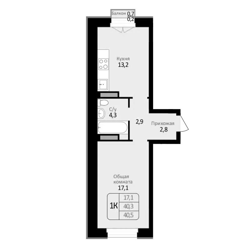 Планировка — Первомайский, 1-комн., 40 м²