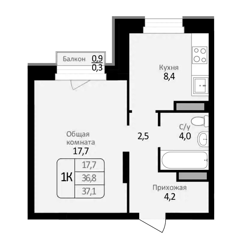 Планировка — Первомайский, 1-комн., 37 м²