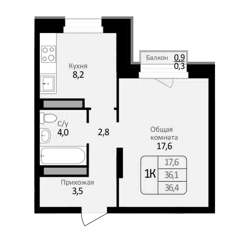 Планировка — Первомайский, 1-комн., 36 м²