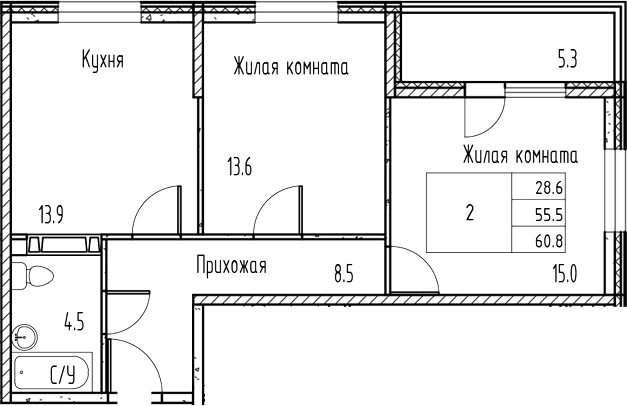 Планировка — Gray, 2-комн., 55 м²
