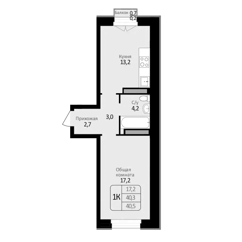 Планировка — Первомайский, 1-комн., 40 м²