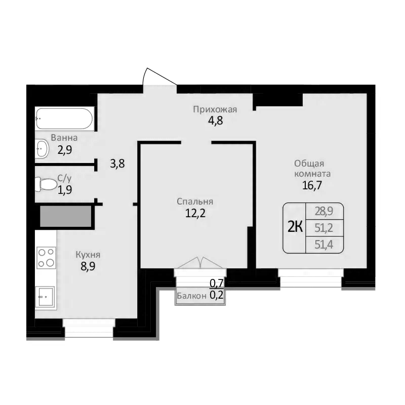 Планировка — Первомайский, 2-комн., 51 м²