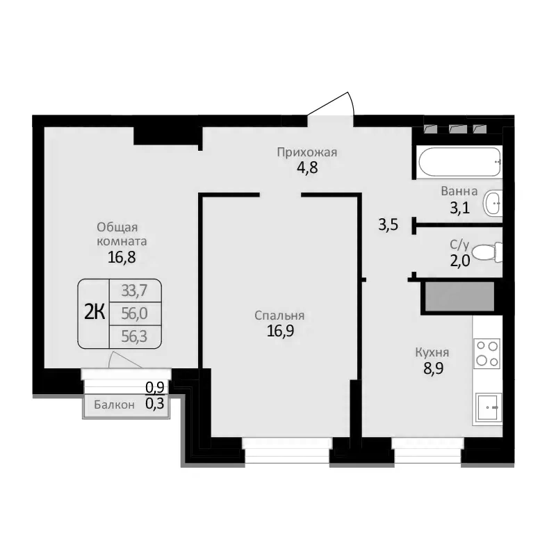 Планировка — Первомайский, 2-комн., 56 м²