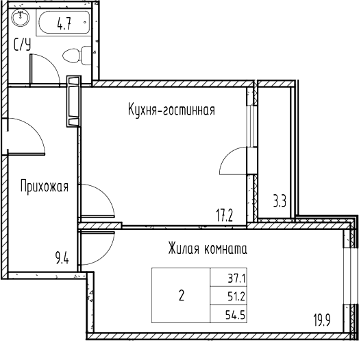 Планировка — Gray, 2-комн., 51 м²