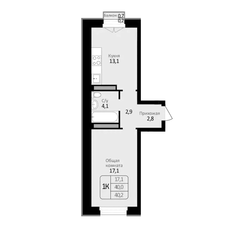 Планировка — Первомайский, 1-комн., 40 м²