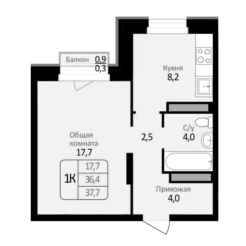 Планировка — Первомайский, 1-комн., 36 м²