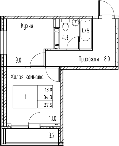 Планировка — Gray, 1-комн., 34 м²