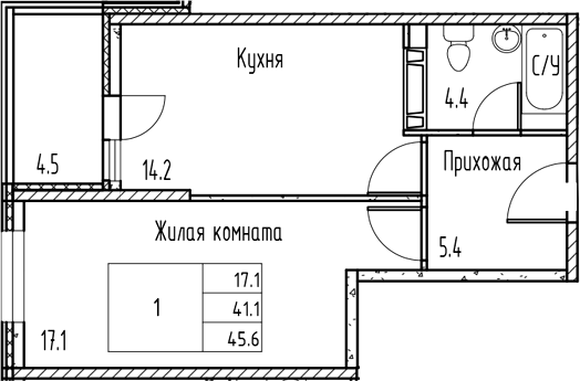 Планировка — Gray, 1-комн., 40 м²