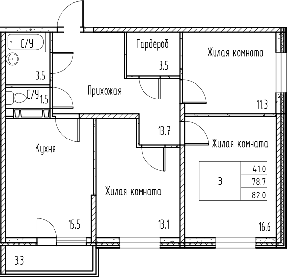 Планировка — Gray, 4-комн., 79 м²