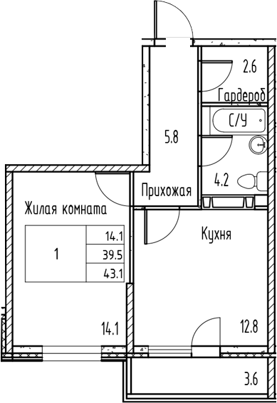 Планировка — Gray, 1-комн., 41 м²