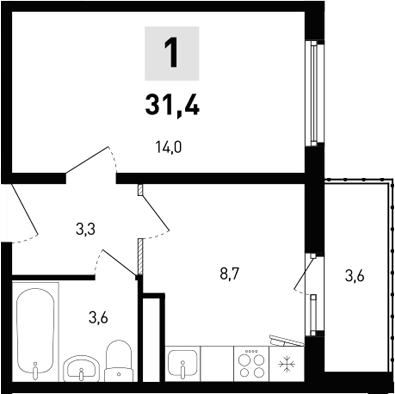 Планировка — 5 элемент Аске, 1-комн., 30 м²