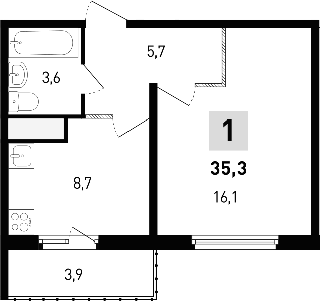 Планировка — 5 элемент Аске, 1-комн., 34 м²