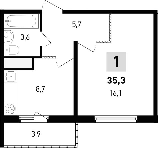 Планировка — 5 элемент Аске, 1-комн., 34 м²