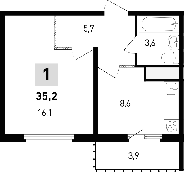 Планировка — 5 элемент Аске, 1-комн., 34 м²