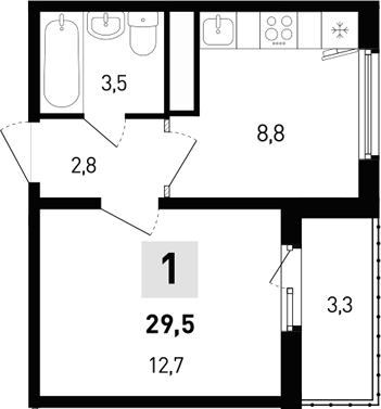 Планировка — 5 элемент Аске, 1-комн., 28 м²