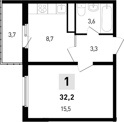 Планировка — 5 элемент Аске, 1-комн., 31 м²