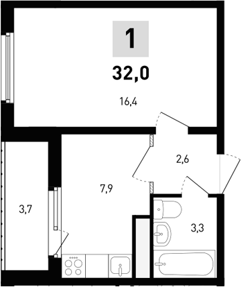 Планировка — 5 элемент Аске, 1-комн., 30 м²