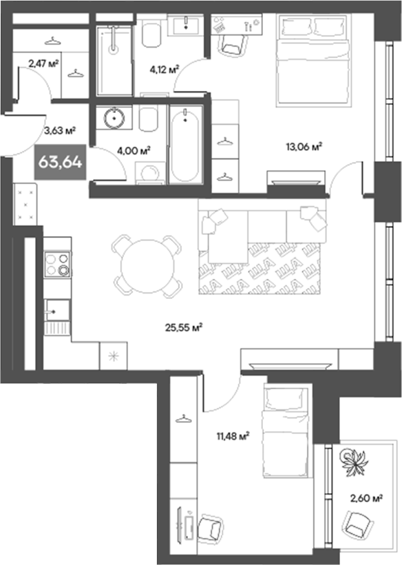 Планировка — ЩА, 2-комн., 60 м²