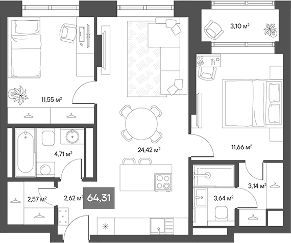 Планировка — ЩА, 2-комн., 62 м²