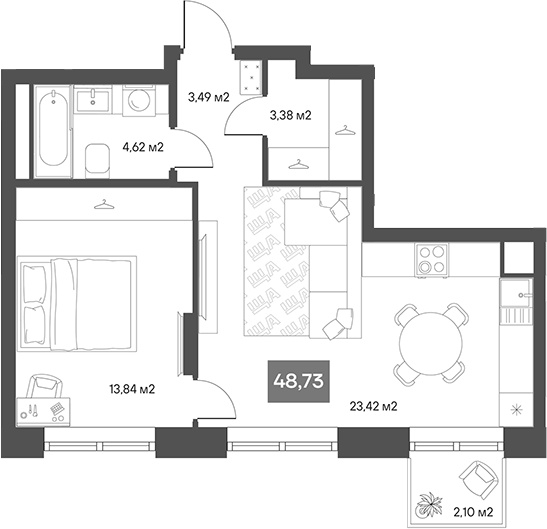 Планировка — ЩА, 1-комн., 46 м²
