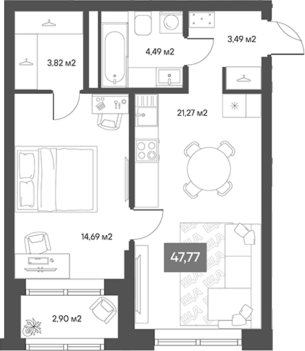 Планировка — ЩА, 1-комн., 41 м²