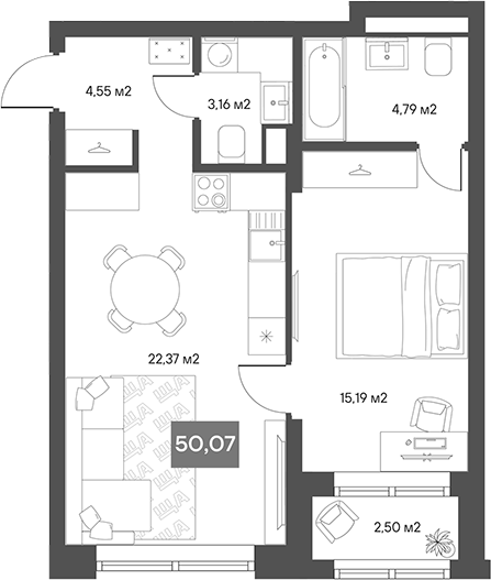 Планировка — ЩА, 1-комн., 47 м²