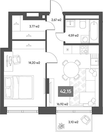 Планировка — ЩА, 1-комн., 38 м²