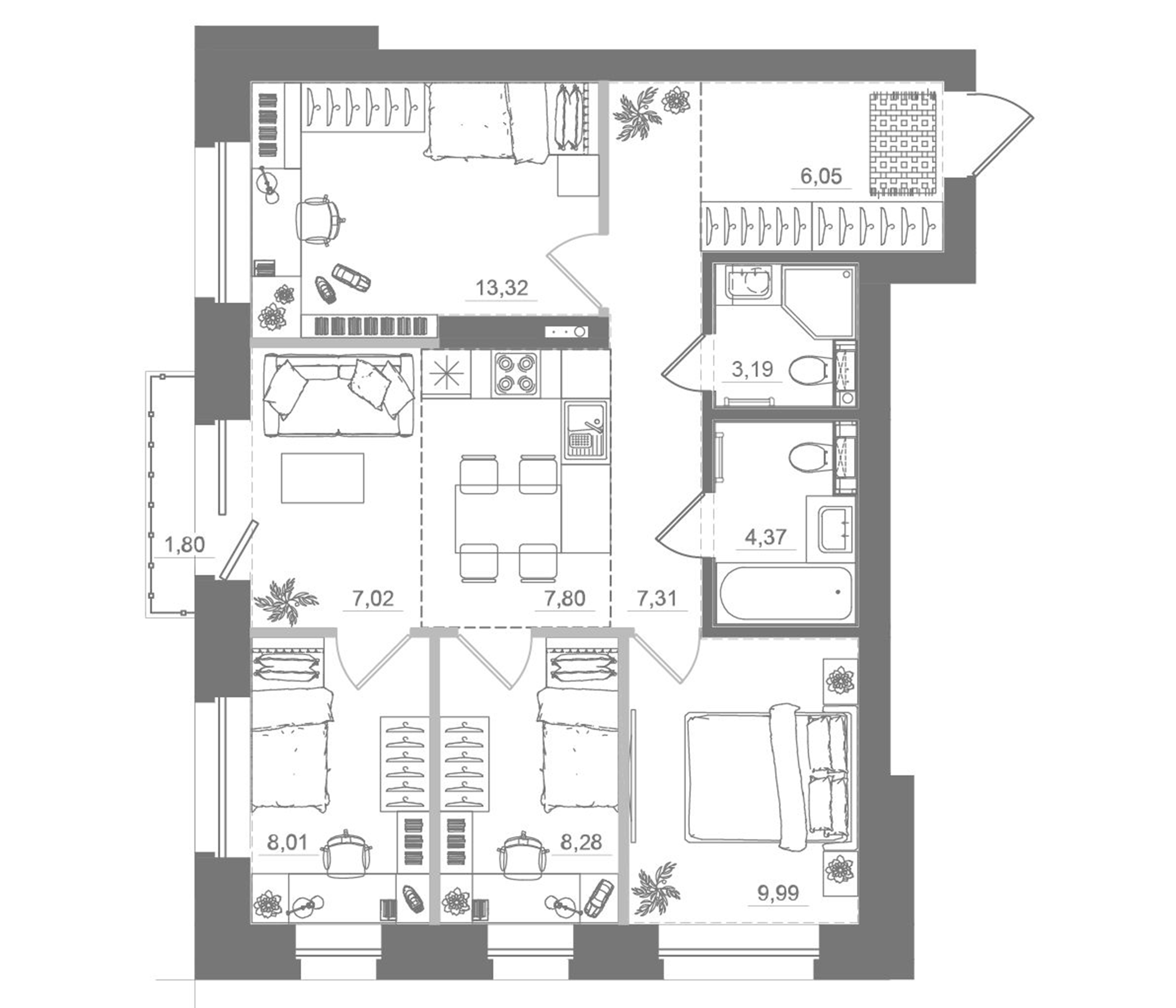 Планировка — Спектр, 5-комн., 75 м²