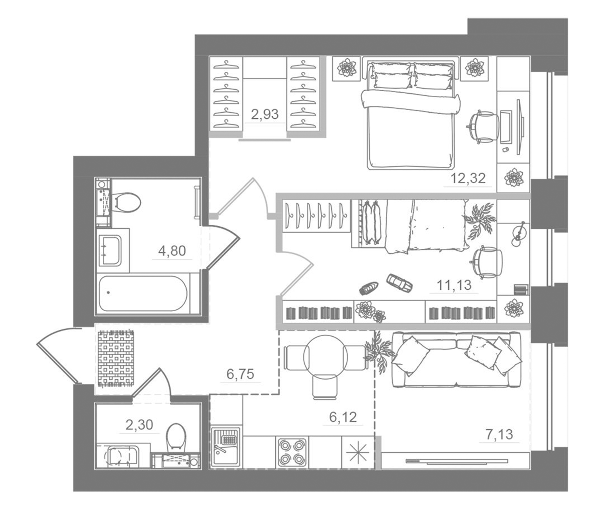 Планировка — Спектр, 3-комн., 55 м²