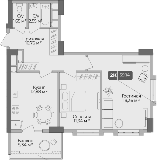 Планировка — Золотой берег. СЗ Среда, 2-комн., 57 м²