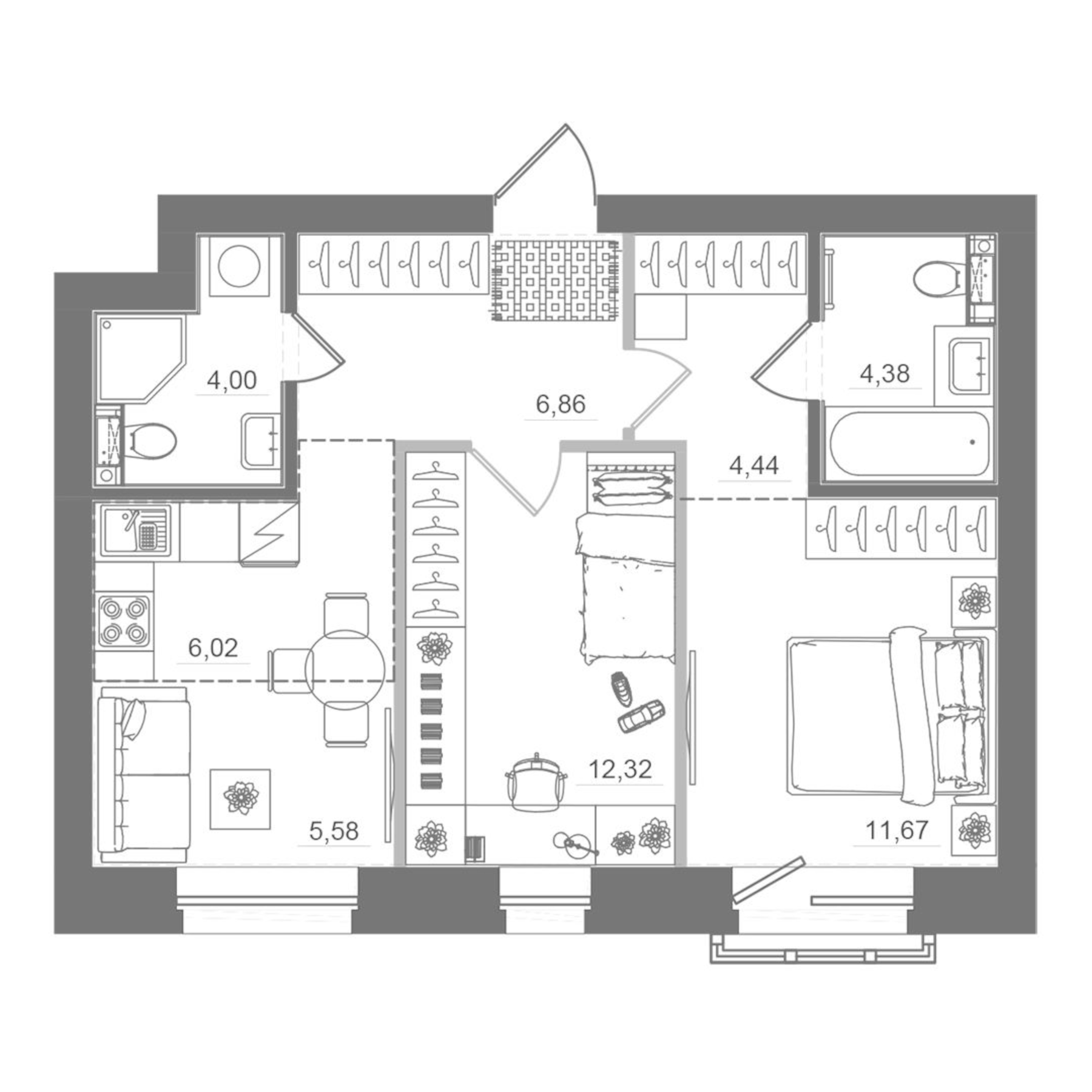 Планировка — Спектр, 3-комн., 55 м²