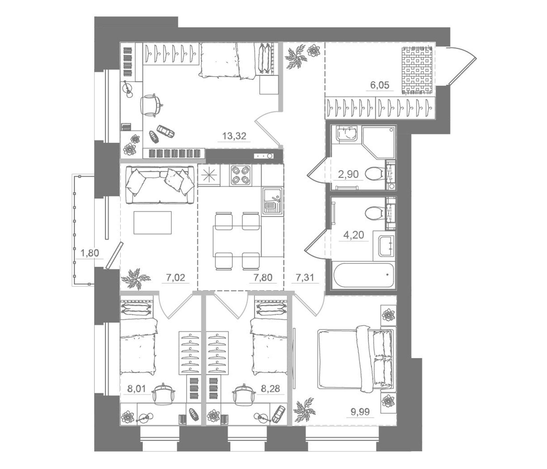 Планировка — Спектр, 5-комн., 75 м²